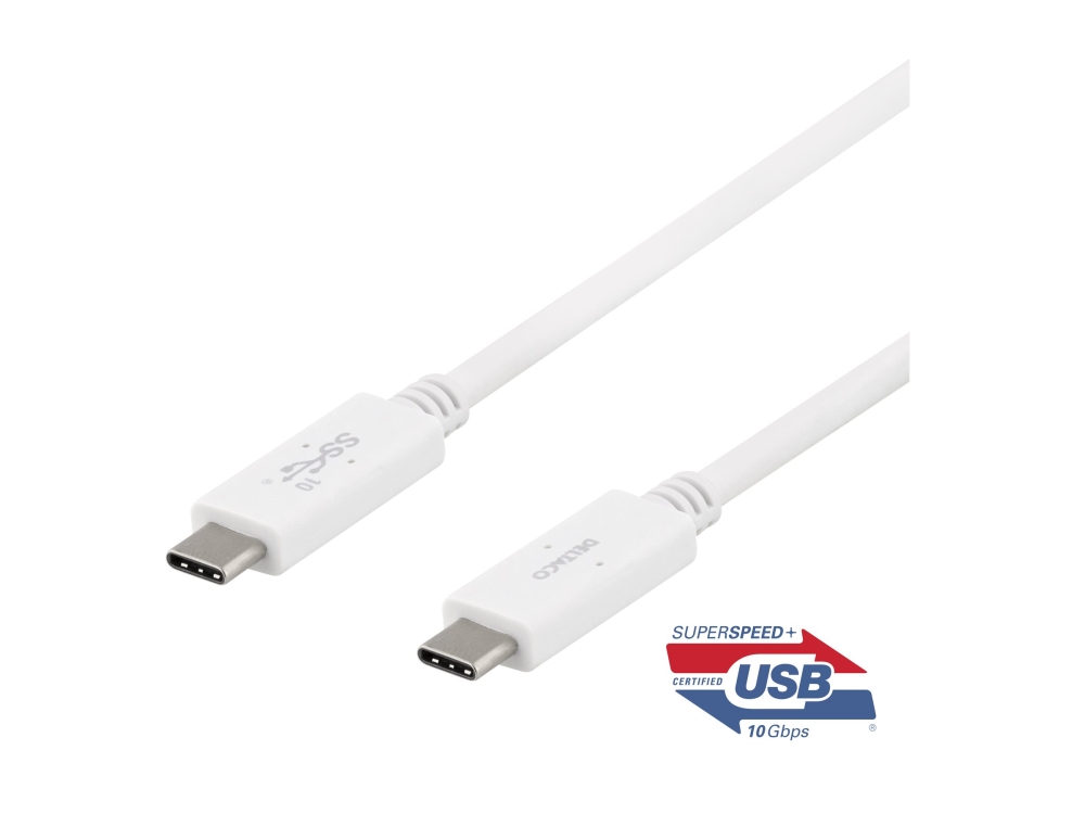 Deltaco - Usb-Kabel - 24 Pin Usb-C (Han) Til 24 Pin Usb-C (Han) - Usb 3.1 Gen 2 - 5 A - 1 M - E-Marker - Hvid