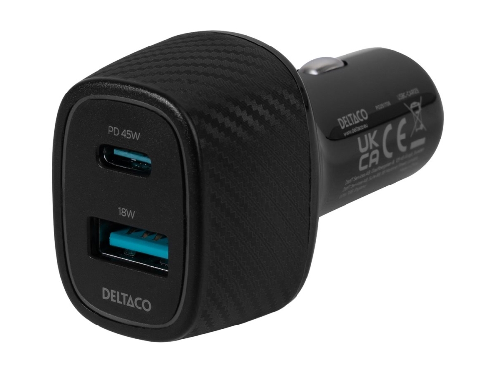 DELTACO - Strömadapter för bil - 63 Watt - PD - 2 utdatakontakter (24 pin USB-C, USB) | Tele & GPS - Batteri & Laddare - Billaddare | GameStuff