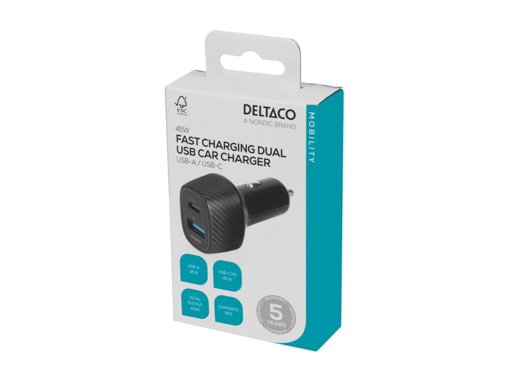 DELTACO - Strömadapter för bil - 63 Watt - PD - 2 utdatakontakter (24 pin USB-C, USB) | Tele & GPS - Batteri & Laddare - Billaddare | GameStuff