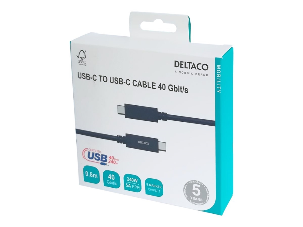 Kabel Deltaco Usb4 Gen3, Usb-C - Usb-C, 5A Epr, Schwarz, 0,8M/Usbc-4008M