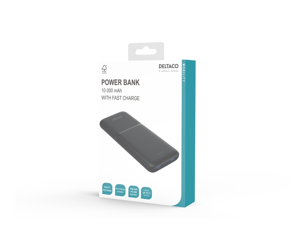 DELTACO - Strömförsörjningsbank - 10000 mAh - 37 Wh - 20 Watt - 3 A - PD - 3 utdatakontakter (2 x USB, 24 pin USB-C) | Tele & GPS - Batteri & Laddare - Strömförsörjningsbanker | GameStuff