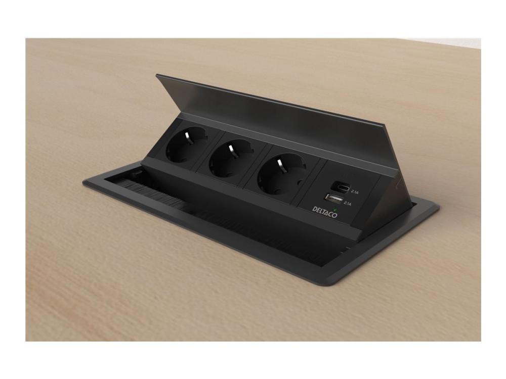 Deltaco Office - Stikdåse (Flush Monterbar) - 1X21w A+C Usb, Gst18 Kabelstik, Indbygget Flip-Up - Ac 100-240 V - Input: Gst18 - Output-Stikforbindels