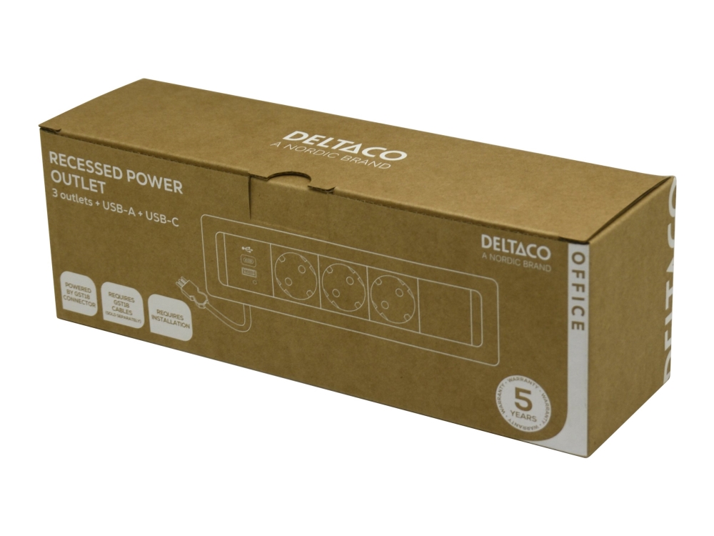 Deltaco Office - Stikdåse - Indsænket, 1X21w A+C Usb-Oplader - Ac 100-240 V - Input: Gst18 - Output-Stikforbindelser: 3 - 15 Cm Ledning - Sort