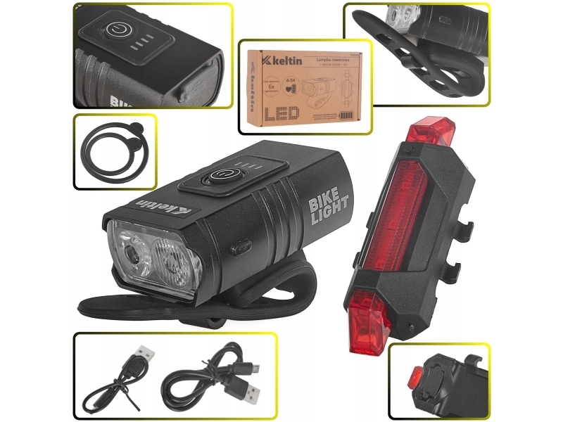 Vandtæt USB cykellygte IPX4 - foran (800lm/900mAh) + bagpå (120lm/120mAh) (120)