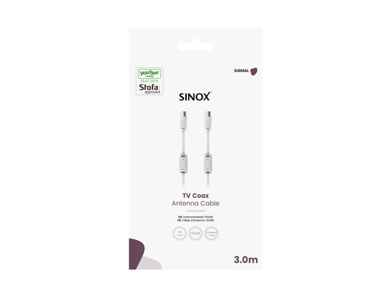 Sinox antennekabel. YouSee & Stofa godkendt. 5m. Hvid