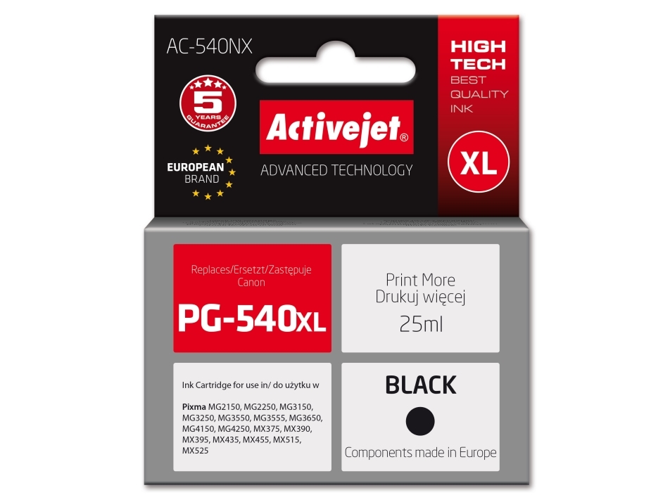 Activejet Ac-540Nx Blæk Til Canon-Printer (Erstatning For Canon Pg-540Xl) Supreme, 25 Ml, Sort, Sort, Pigmentbaseret Blæk, 25 Ml, 1 Stk, Enkelt Pakke