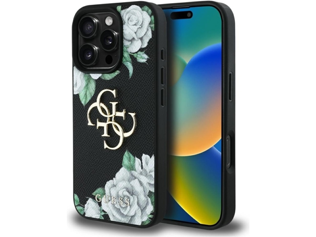 Guess Grained Roses Big 4G-Logo Iphone 16 Pro Case - Schwarz