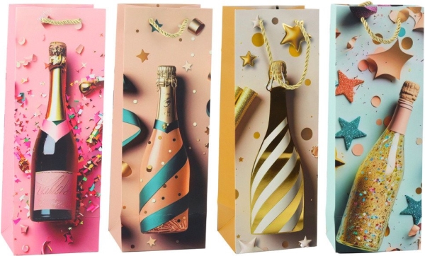 Lean gavepose i papir til champagneflaske pastelfarvet 35 x 12 x 9 cm