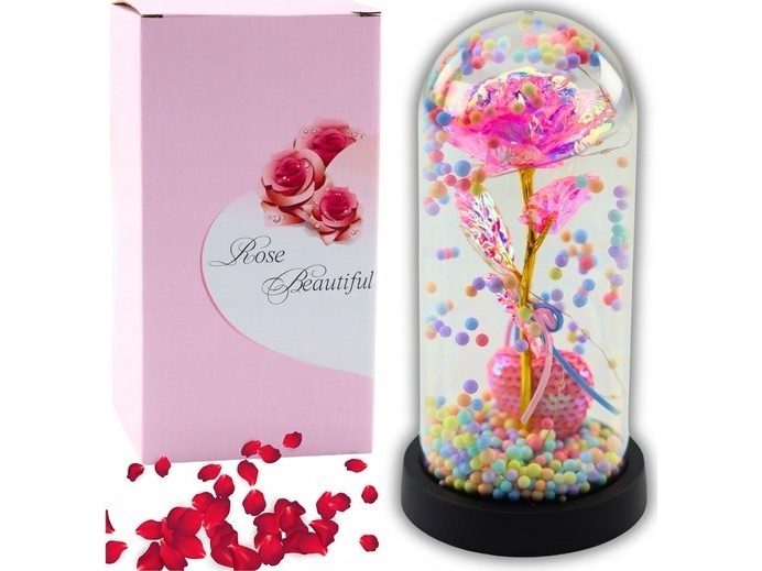 Evig Rose I Kuppel Med Led-Belysning Pink Med Hjerte Og Kugler