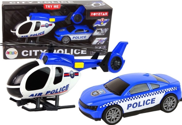 LeanToys køretøjssæt helikopter bil politi med lyd blå