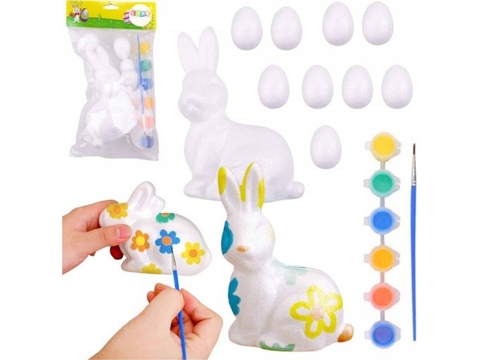 Påskesæt påskeæg i polystyren 9 stk Figurstykke kanin farver
