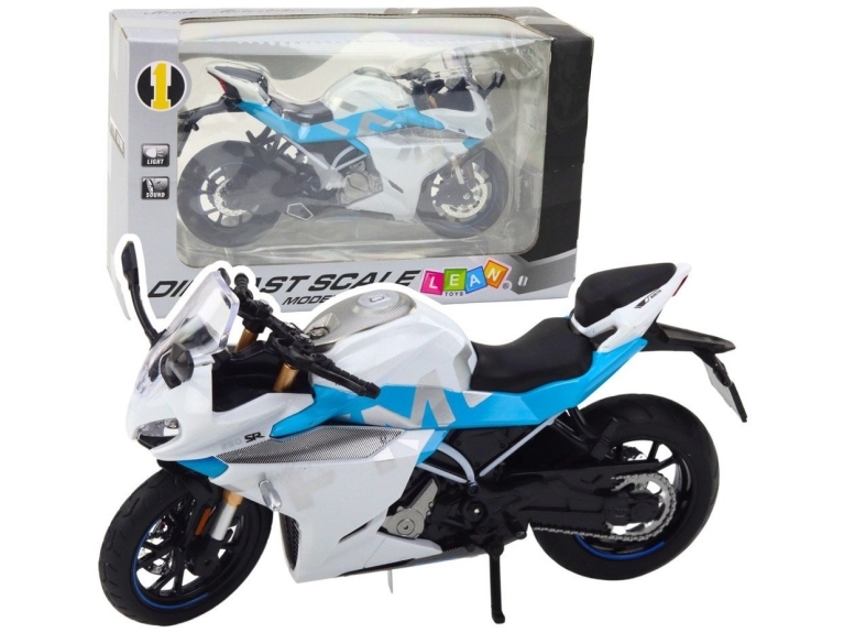 LeanToys sportmotorcykel i metal med lys og lyde hvid/blå 1:12