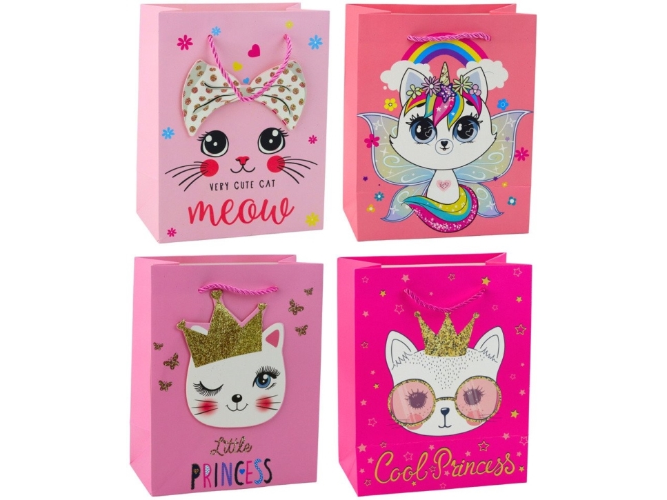 Geschenktüte Aus Papier Mit Glitzer-Katzen, Rosa 23 X 18 X 10,5 Cm