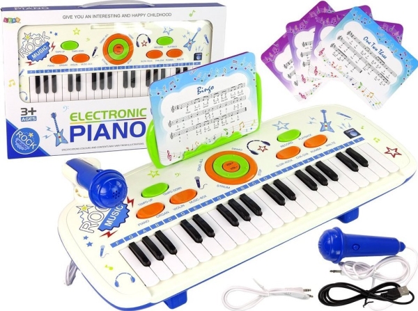 LeanToys elektrisk klaver/keyboard legetøj til børn, blå, noder, USB, MP3