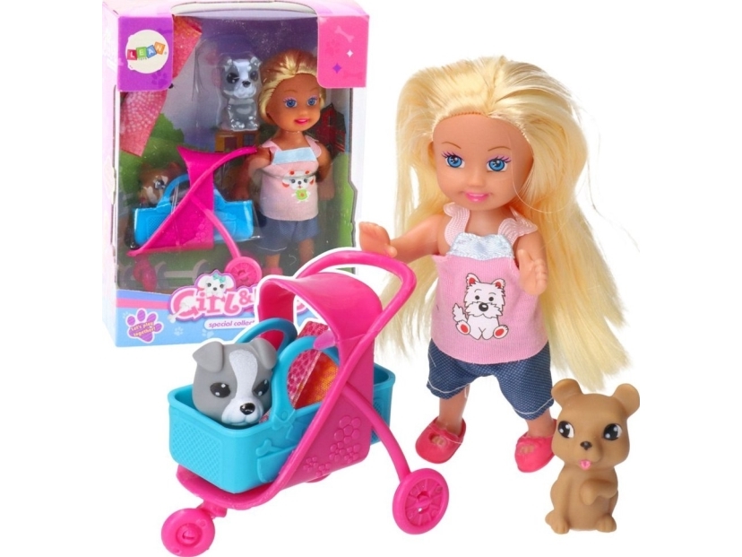 LeanToys mini dukke-sæt med vogn/barnevogn og hunde grå/ brun