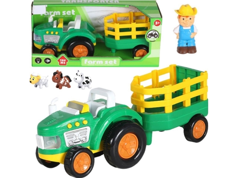 Lean Toys Traktoriaus rinkinys su priekaba, ūkininku ir gyvūnais