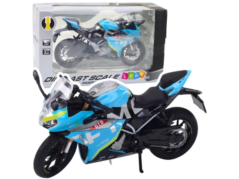 LeanToys sportmotorcykel i metal med lys og lyde 1:12, blå