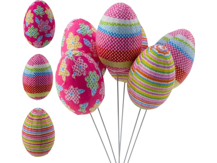 Påskeæg på rørtråd Prikker Blomster Striber Farvet Dekoration 6stk LEAN