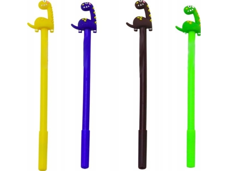 LeanToys kuglepen med dinosaur og hætte, sort blæk, brun/gul, 0,5 mm