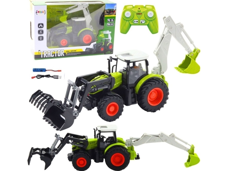 Lean Toys Nuotoliniu būdu valdomas traktorius su kaušu ir ekskavatoriumi 2in1