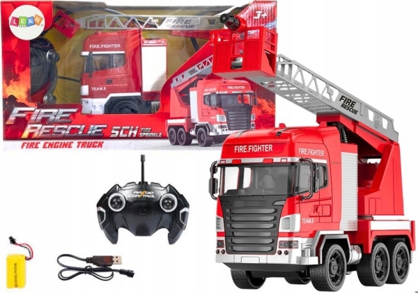Lean Toys Nuotoliniu būdu valdomas gaisrinės automobilis su strėle ir vandens purškimu
