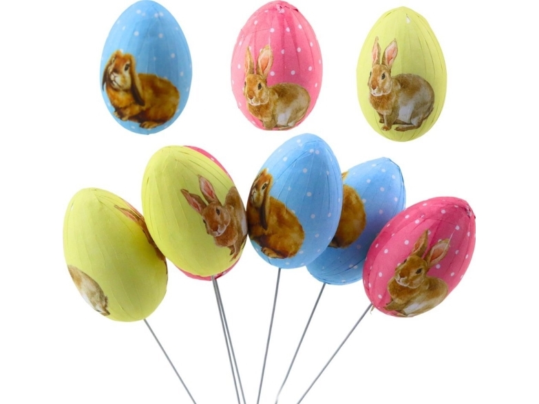 Påskeæg dekoration på trådkroge farverige med kaniner (6 stk) LEAN