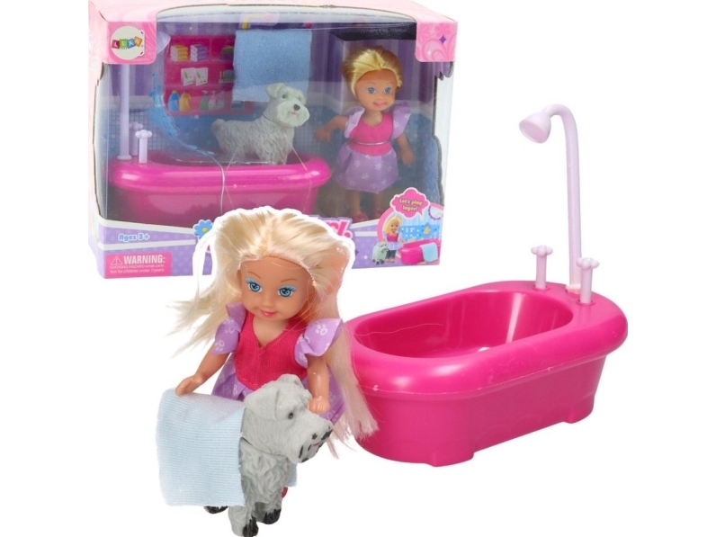 Leantoys Mini Dukke-Sæt Med Badekar Og Hvid Hund, Lyserød