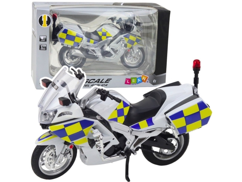 LeanToys politimotorcykel i metal med lys og lyde, hvid, 1:12
