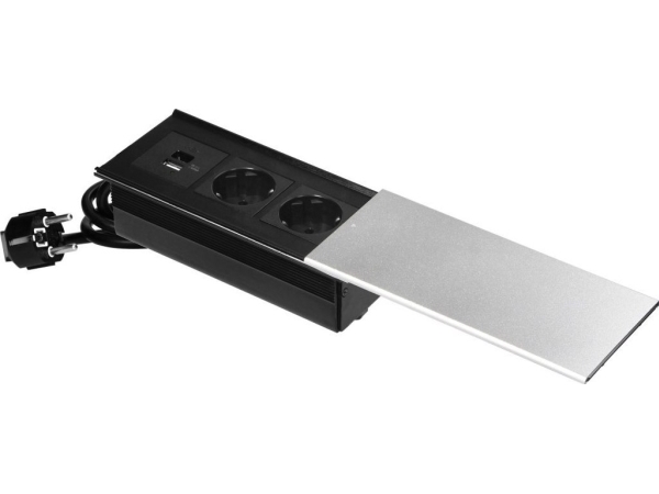 Orno kalustepistorasia liukukannella, 2x2P+Z (Schuko), USB A+C, hopea