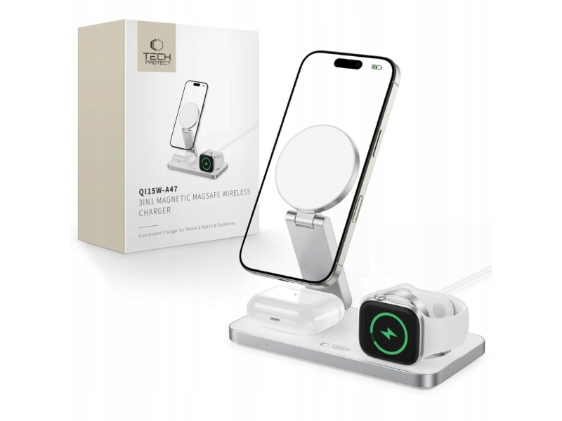 4kom.pl 3-i-1 trådløs oplader Tech-Protect QI15W-A47 QI 15W 3in1 MagSafe magnetisk MagSafe Wireless Charger hvid
