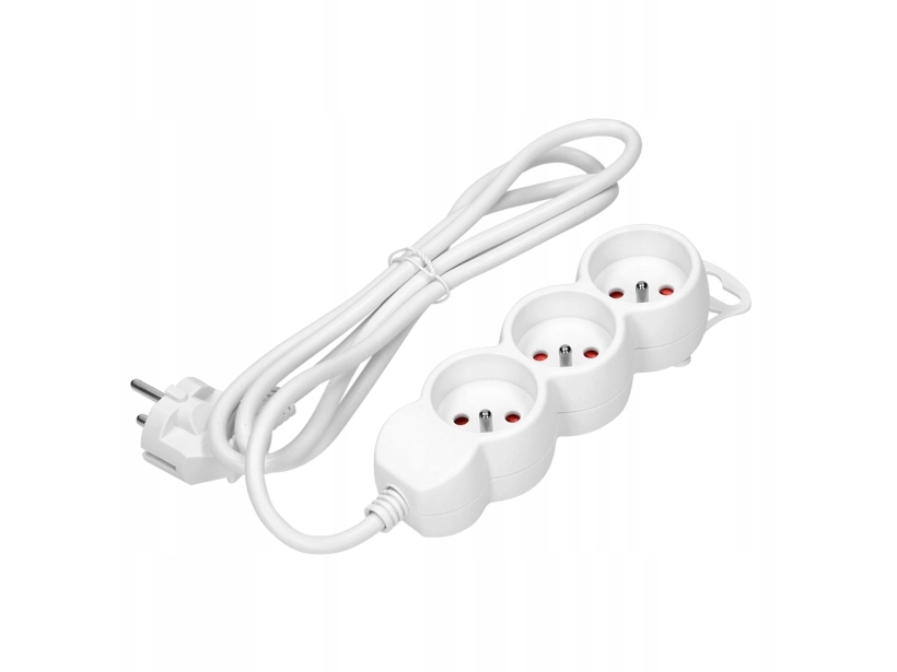 Jatkojohto 3gang 2P+Z, 3m H05VV-F 3x1.5mm2, Imax=16A, litteä pistoke, valkoinen