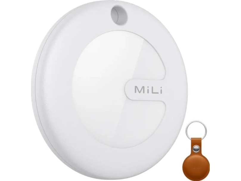 MiLi GPS-lokalisator hvid + brunt etui som nøglering MiTag