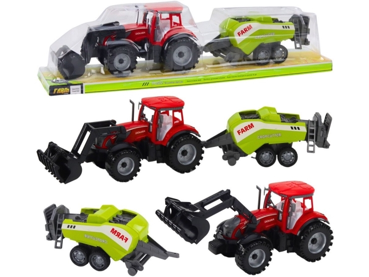 Lean Toys Raudonas traktorius su krautuvu ir presu