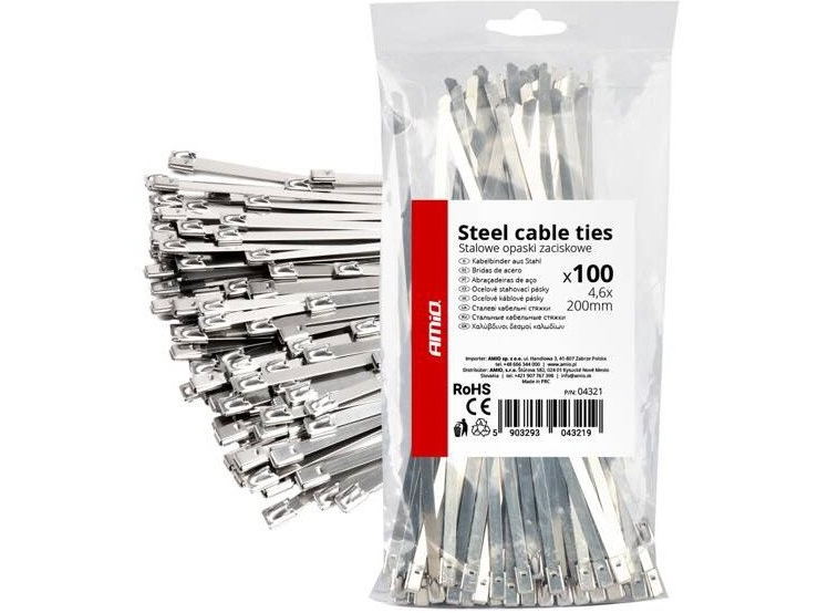 Metal kabelbindere i rustfrit stål 4,6x200 mm 100 stk. amio-04321