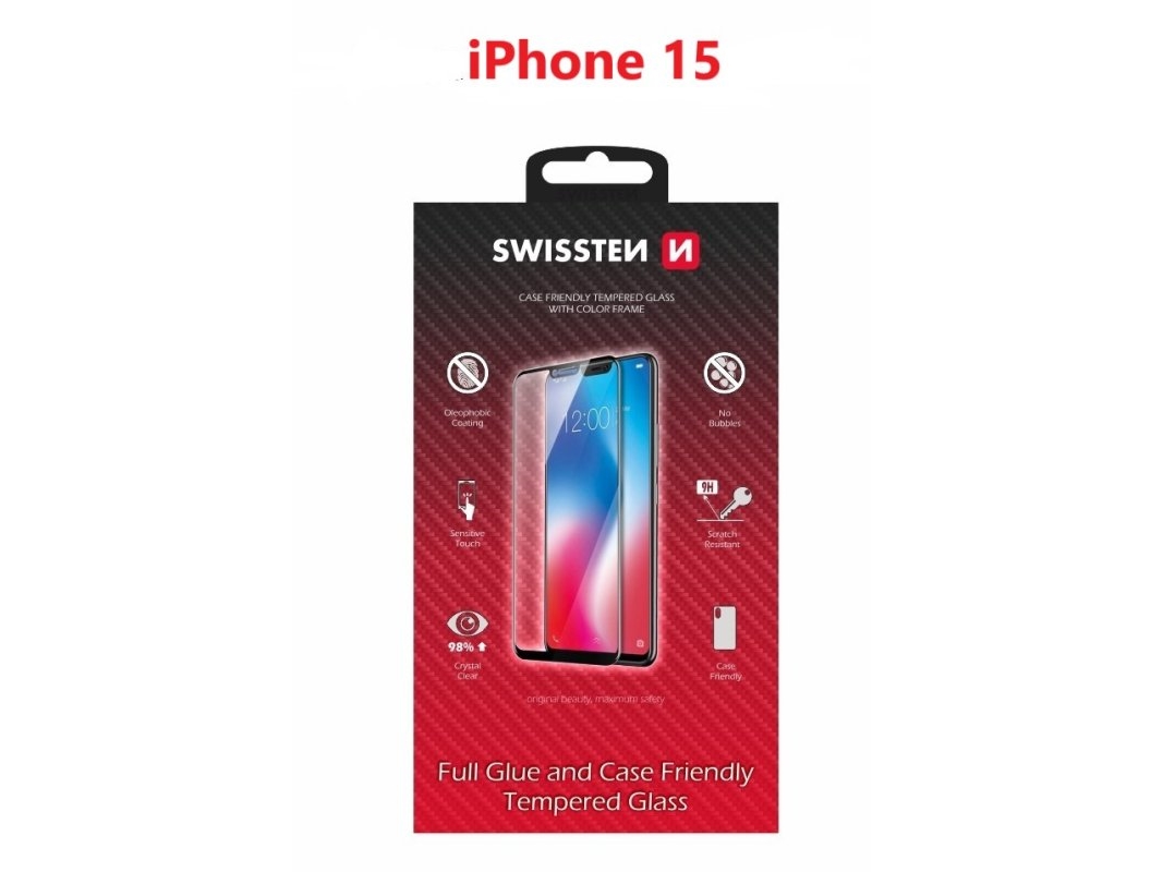 Swissten Hærdet Glas Med Sorte Kanter (Kompatibel Med Cover Og Etui) Til Iphone 15 Plus