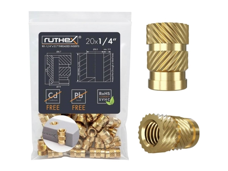 Ruthex Gewindeeinsatz Passend Für (3D-Drucker) Pla-Geeignete Geräte Rx-1/4“-20X12.7 Ge-1/4X127-001