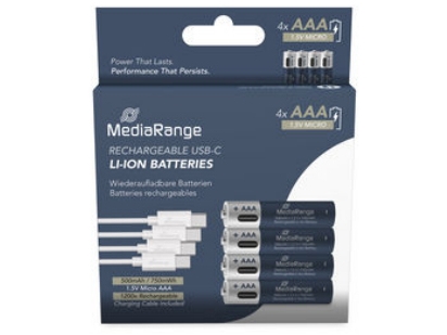 MediaRange MRBAT160, Laddningsbart batteri, AAA, Litium-Ion (Li-Ion), 1,5 V, 4 styck, 500 mAh | EL Artiklar - Batteri - Uppladdningsbara batterier | GameStuff