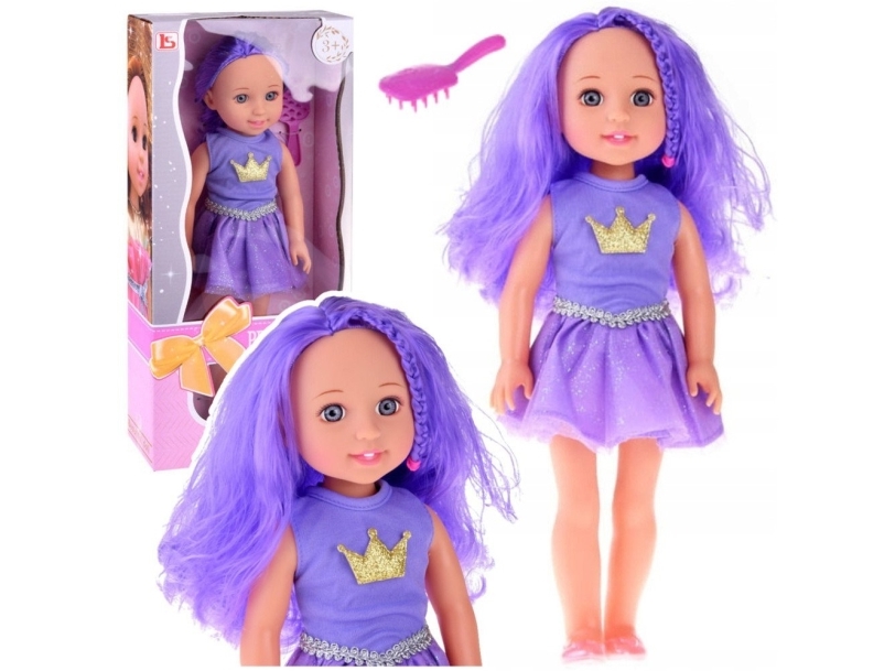 Nukke mekossa ja kruunu Pitkät hiukset Violetti harja 38cm LEAN Lelut