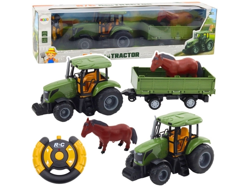 Lean Toys Kauko-ohjattava traktori, jossa perävaunu ja hevoshahmo