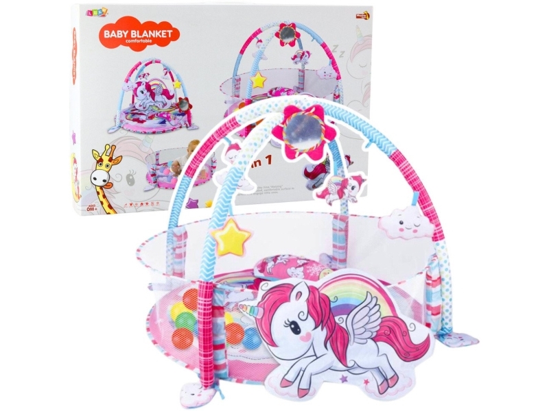 Lean Toys Vaikiškas žaidimų kilimėlis su kamuoliukų baseinu ir maniežu 3 viename su vienaragiu