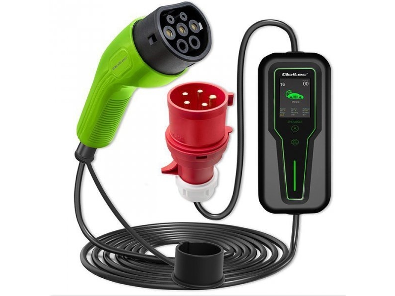 Qoltec mobil EV-oplader med justerbar 2in1 Type2 | 7kW | CEE 3 PIN | 230V | LCD | Bærbar | Wallbox | 5m