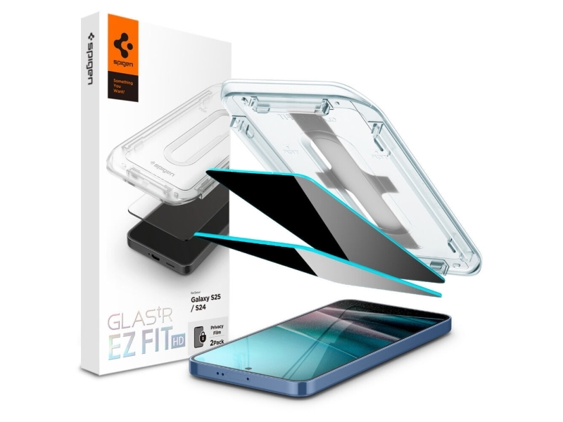 Spigen GLAS.tR HD EZ FIT - Skjermbeskyttelse for mobiltelefon - 2.5D - glass - med personvernsfilter - svart - for Samsung Galaxy S24, S25