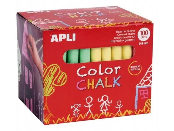 APLI skolekridt, rund, 9x80mm, 100 stk, blandede farver