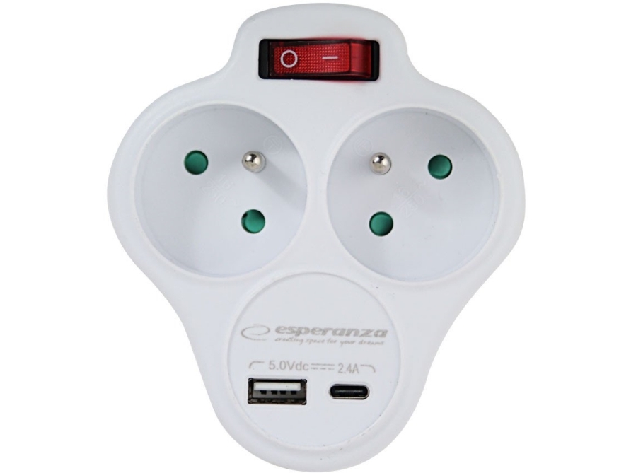 Esperanza Elec. Socket Splitter 2 Sockets Usb-C Usb-B Switch White