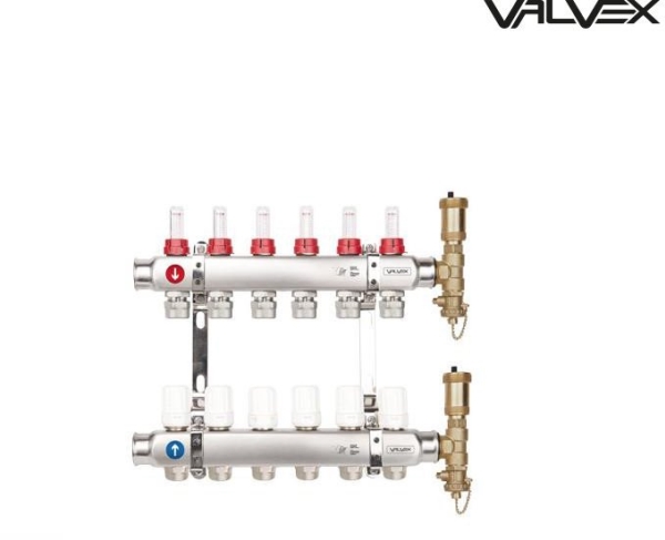 Valvex jakotukki K5 PLUS-10 G1-G3/4 n=10 10 piiri,teräspalkki G1 x 2kpl- jakotukin pitimet x 1 kpl.- redusointiliitos G 1/2 x G 3/4- virtausmittari G 1/2- termostaattiventtiili G 1/2- jakotukin turvaryhmä G1+ LIITÄNTÄ V-PEX 16x3/4