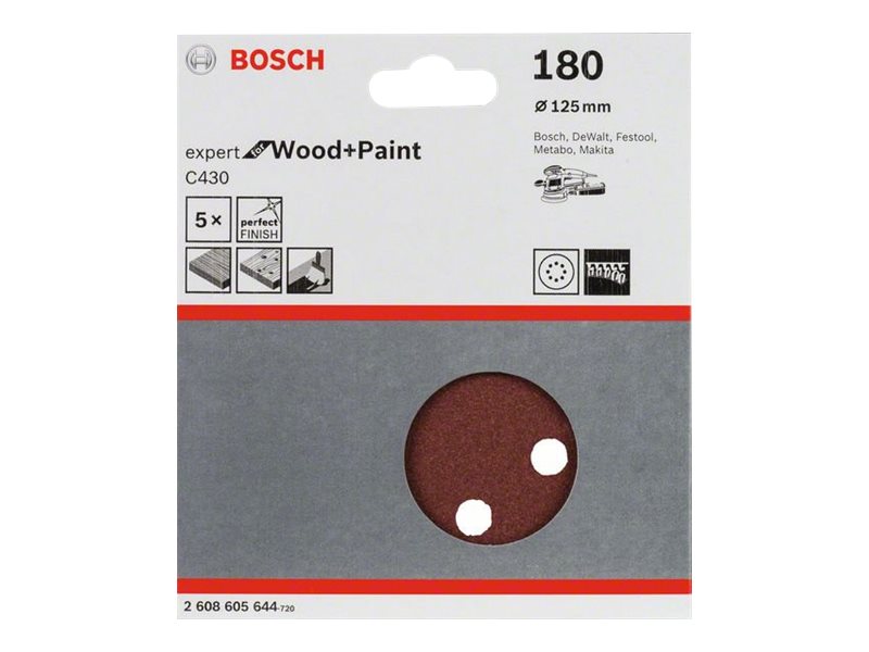 Bosch Expert for Wood and Paint C430 - Sandpapperssats - 5 delar - 125 mm - rund - grus: 180 | Elverktyg - Tillbehör - Tillbehör till Slipmaskin | GameStuff