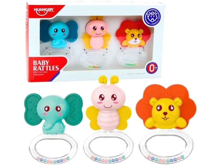 LeanToys sæt med bideringe rasle-legetøj til baby 3 dele dyr