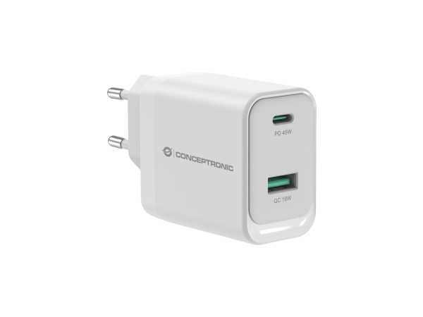 Conceptronic Althea20w45 2-Port 45W Gan Usb-Pd-Ladegerät, Usb-C X 1, Usb-A X 1, Qc 3.0, Pps, Pd 3.0, Drinnen, Ac, 20 V, Weiß
