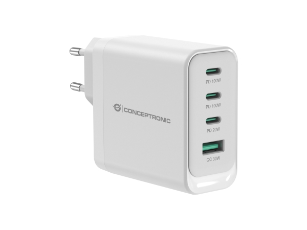 Conceptronic Althea22w100 4-Port 100W Gan Usb-Pd-Ladegerät, Usb-C X 3, Usb-A X 1, Qc 3.0, Pps, Pd 3.0, Drinnen, Ac, 20 V, Weiß