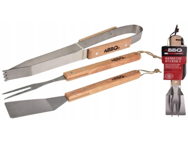 Grillaustarvikesarja 3in1 - Ruostumaton teräs ja puukahva